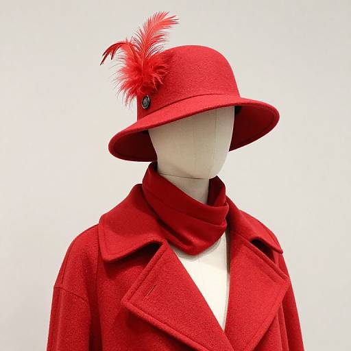 Photograph of a faceless mannequin wearing a vibrant red hat with a feather, red scarf, and matching red coat, all against a plain