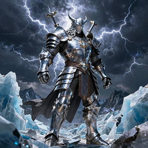 CGI fantasy image of a towering, armored warrior with a horned helmet, standing amidst jagged ice and lightning-lit stormy sky.