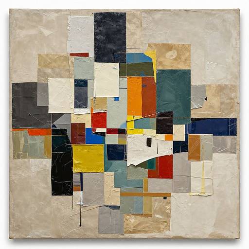 Abstract geometric painting with a collage of colorful squares (black, blue, red, yellow, beige) on a textured, off-white background.