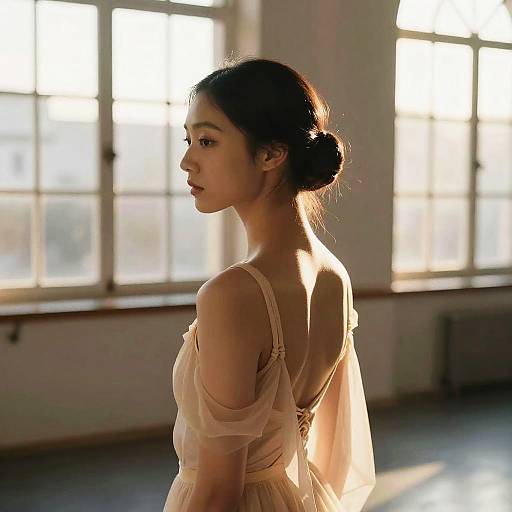 Photograph of an Asian woman with dark hair in a bun, wearing a sheer, off-shoulder, peach-colored dress, standing in a sun