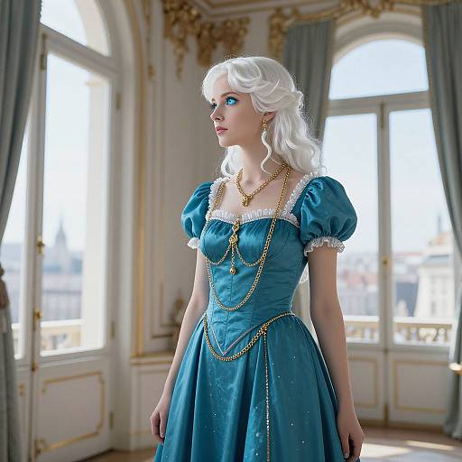 Photograph of a white-haired woman in a blue, puffed-sleeve, corseted dress with gold chains, standing in an elegant,