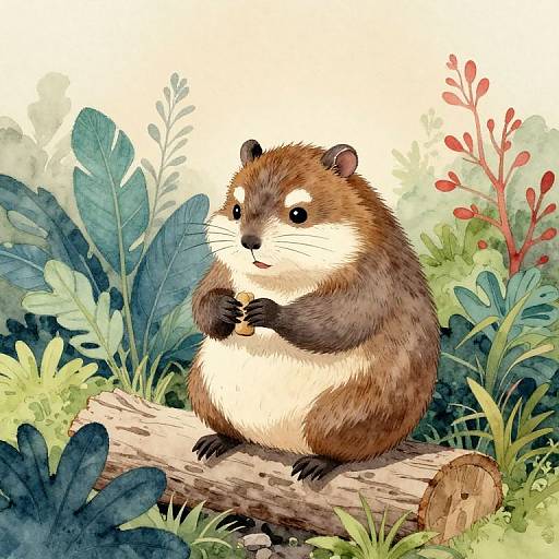 Watercolor illustration of a chubby brown and white chipmunk sitting on a log, nibbling a small acorn, surrounded by lush green foliage and