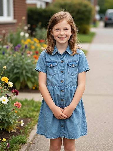 Playful Freckled Girl by Garden Path