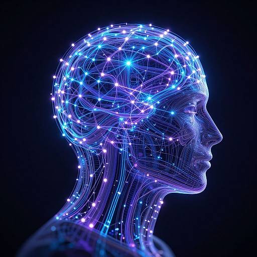 Digital CGI image of a glowing, neon blue and purple wireframe human head against a black background, with bright, interconnected lights.