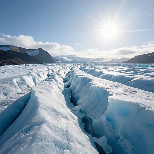 Photograph of a vast, icy glacier with blue-tinged snow ridges under a bright sunlit sky, flanked by distant, snow-c