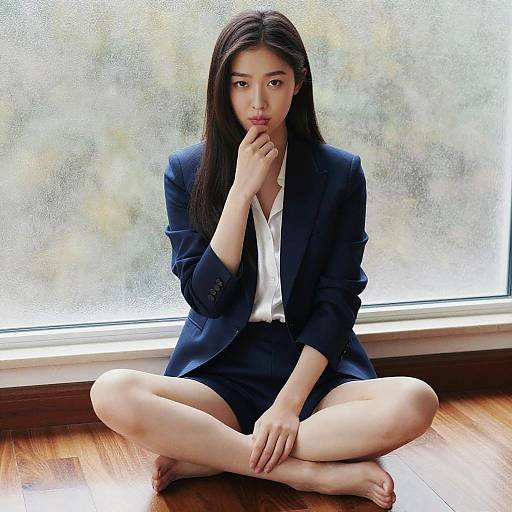 Photograph of an Asian woman with long black hair, sitting cross-legged on a wooden floor, wearing a navy blazer and white shirt, in front