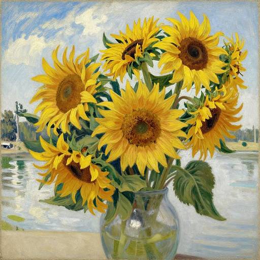 Impressionist painting of a glass vase with bright yellow sunflowers, green leaves, and a reflective blue sky and water background.
