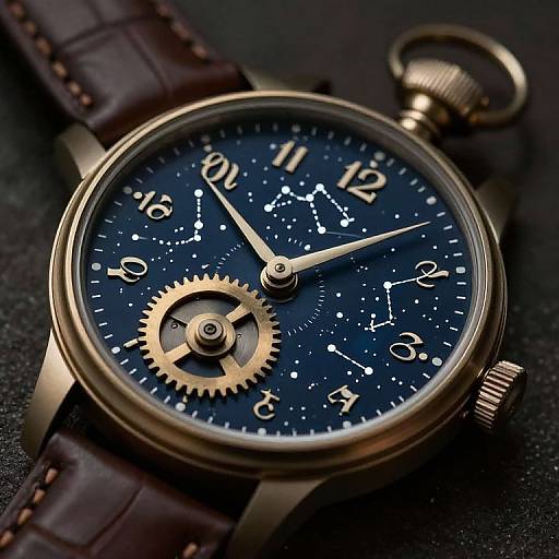 Photograph of a luxurious bronze wristwatch with a dark blue starry dial, white numerals, and constellation patterns, on a brown leather strap.