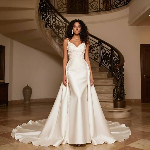 Photograph of a curly-haired Black woman in a white, lace-trimmed, V-neck satin wedding gown, standing in an elegant, spiral staircase