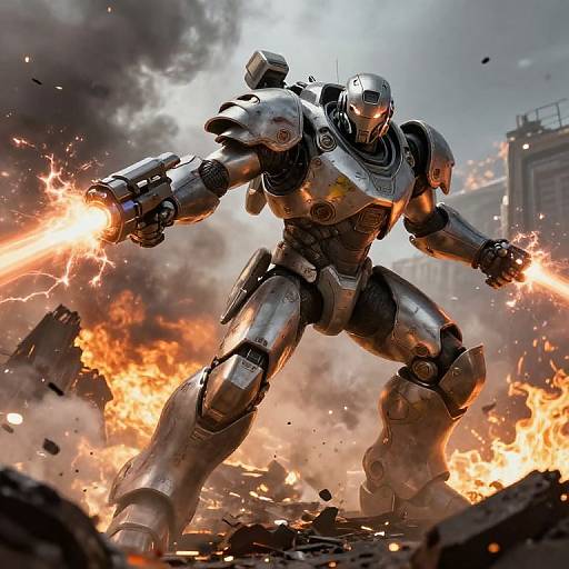 CGI image of a silver, robotic warrior firing blasters amidst a fiery explosion, with smoke and debris in the background.