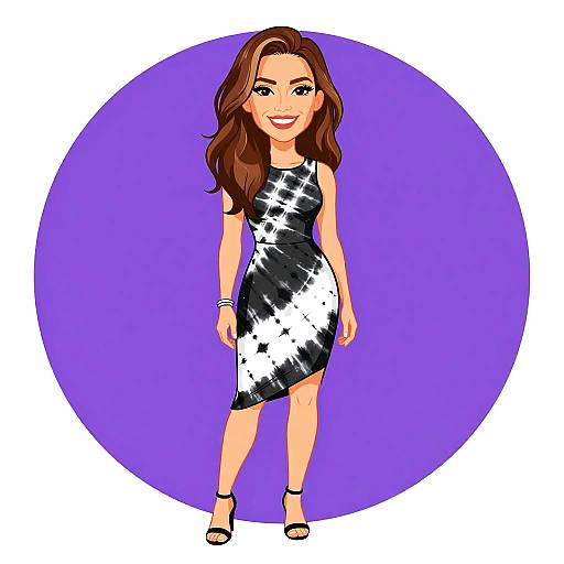 Cartoon-style illustration of a smiling woman with long brown hair, wearing a black-and-white patterned dress and black heels, standing against a purple circular