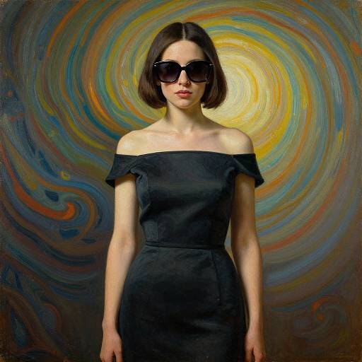 Photograph of a woman with short black hair, wearing black off-shoulder dress and sunglasses, against a swirling abstract background.