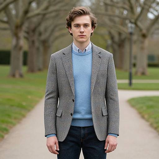 Photograph of a young man with wavy brown hair, wearing a blue sweater, black-and-white houndstooth blazer, and dark pants