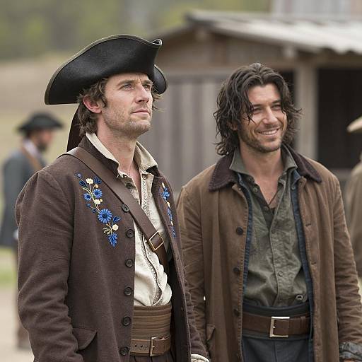 Two Men in Rustic Historical Clothing Outdoors