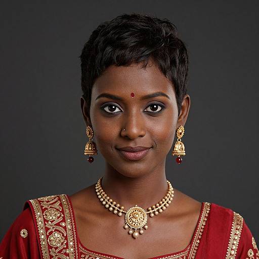 Photograph of a dark-skinned woman with short black hair, wearing a red traditional dress and gold jewelry, including earrings, necklace, and forehead bind
