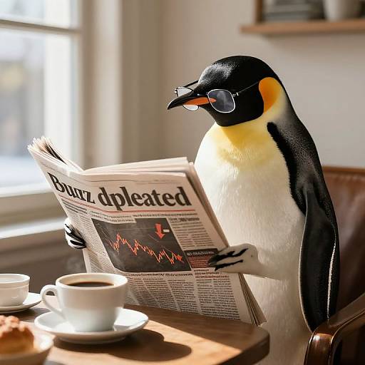 Photograph of a penguin with glasses reading a newspaper in a sunlit café, with white cups and saucers on a wooden table.