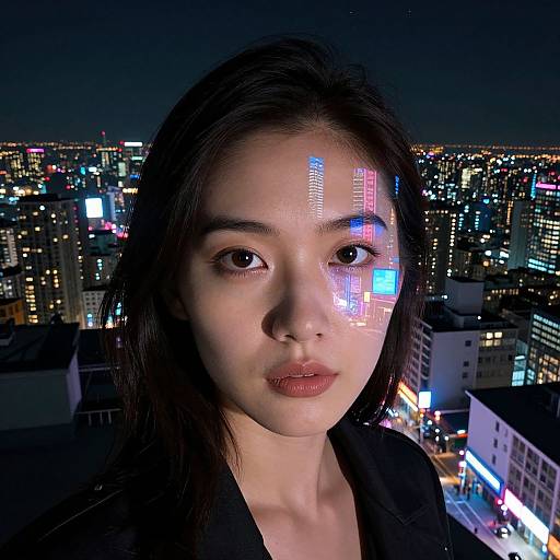 Photograph of Asian woman with glowing digital lines on face, black hair, dark jacket, against nighttime city skyline with colorful lights.
