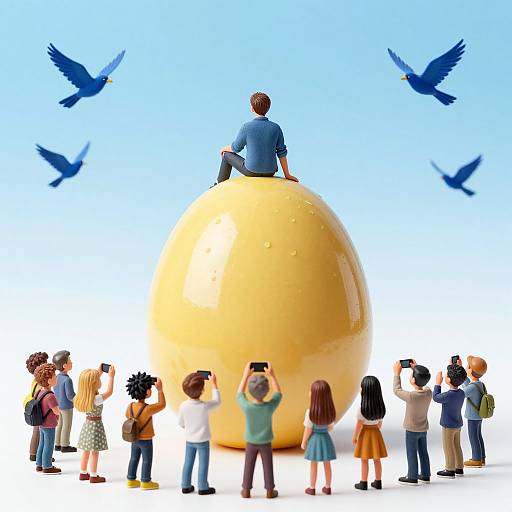 CGI image of diverse group watching man sitting on giant yellow globe, with blue birds flying in bright blue sky.