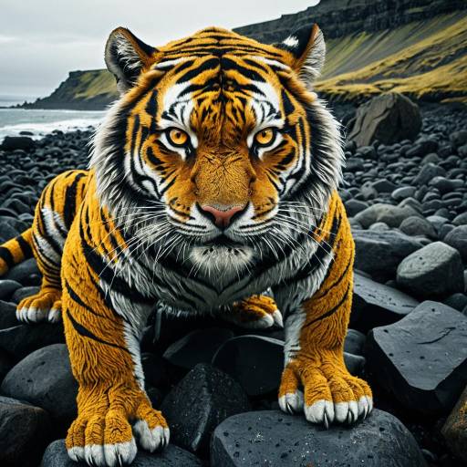 Hyper-realistic Tiger on Icelandic Basalt Coast