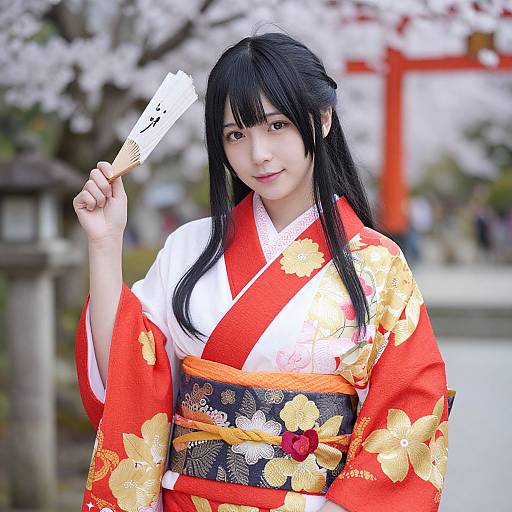 Photograph of an Asian woman with long black hair in a red and white floral kimono, holding a white paper fan, standing in a cherry blossom