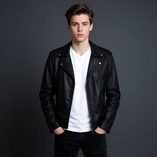 Photograph of a young, fair-skinned man with short brown hair, wearing a black leather jacket over a white t-shirt, standing against a dark