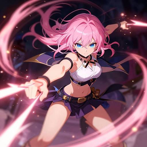 Digital anime artwork of a fierce, pink-haired girl with blue eyes, wearing a white crop top and black skirt, wielding glowing pink energy blades in a