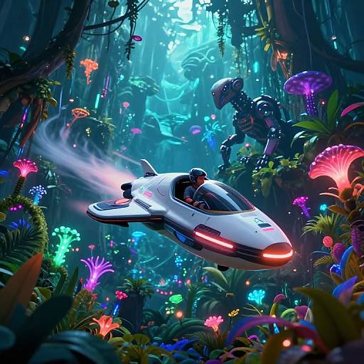 Digital artwork of a futuristic white jet with glowing red lights flying through a vibrant, bioluminescent jungle, a suited astronaut follows from above.