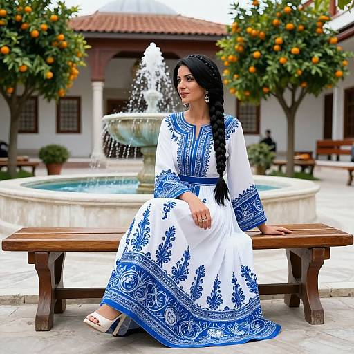 Photograph of a Latina woman with long black hair in a blue and white embroidered traditional dress, sitting on a wooden bench in front of a fountain,