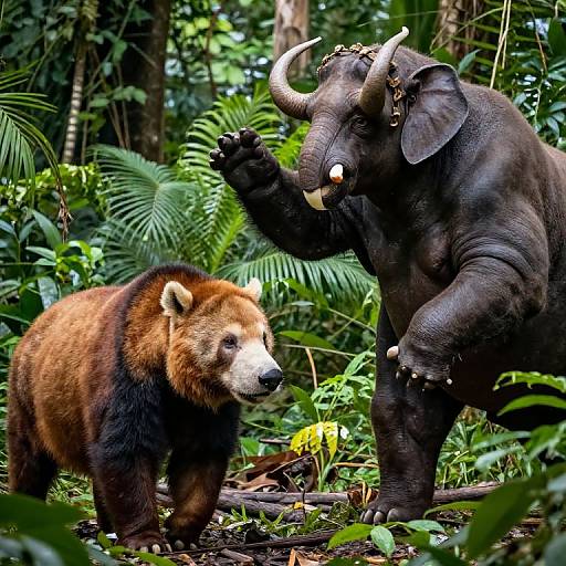 Photograph of a brown bear and a decorated Asian elephant standing in a lush, green jungle, with the elephant raising its trunk towards the bear.