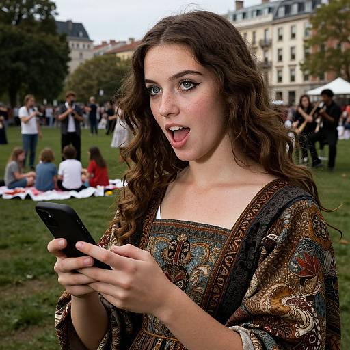 Photograph of a young woman with long, wavy brown hair, wearing a patterned dress, surprised expression, holding a smartphone, in a park