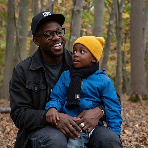 Photograph of smiling African-American father and son in forest, father in black jacket and cap, son in yellow beanie and blue jacket, autumn leaves