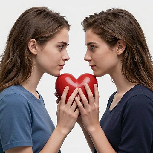 Photograph of two young women with long brown hair, facing each other, holding a red heart between them against a white background. They wear blue and