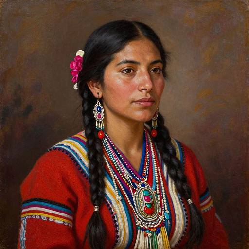 Photorealistic portrait of a young Indigenous woman with dark hair in braids, wearing a red traditional dress, colorful beaded necklace, and earrings,