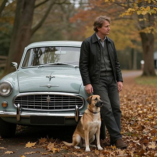 Photograph of a middle-aged man in a black jacket and jeans standing beside a light blue vintage car, with a German Shepherd sitting on fallen autumn leaves