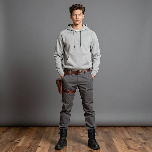 Young Man in Gray Hoodie and Casual Pants