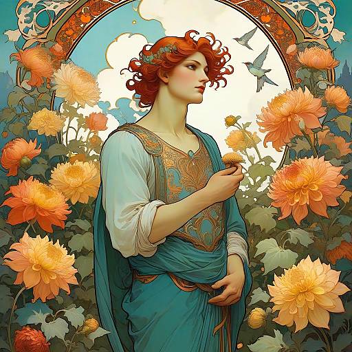 Art Nouveau Man in Dahlia Garden