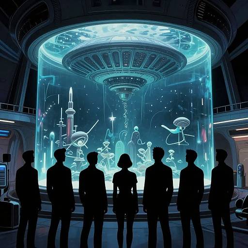 Silhouetted people observe glowing, futuristic space-themed hologram display in a sci-fi laboratory setting, illuminated by vibrant blue lights. Digital artwork.