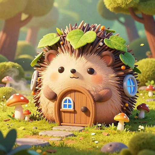 CGI illustration of a cute, round, hedgehog-like creature with a wooden door, green leaves on its spines, and small windows, standing
