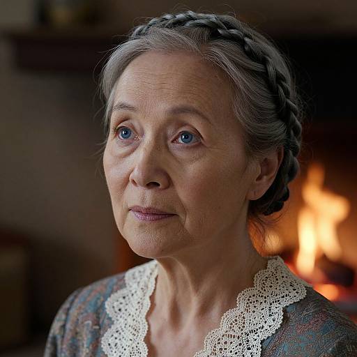 Photograph of an elderly woman with gray hair in a braid, blue eyes, wearing a lace-trimmed top, looking thoughtfully at a