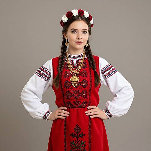 Young woman with braided hair, wearing red traditional dress with black embroidery, white blouse, flower crown, and gold necklace, stands confidently against gray background