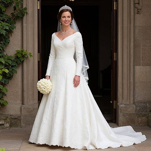 Photograph of a smiling bride in a white, long-sleeved, lace wedding dress with a veil, holding a bouquet of white flowers, standing
