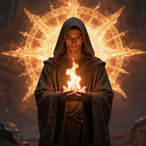 Photograph of a solemn man in a dark hooded robe, holding a glowing flame, with a radiant, fiery starburst halo behind him.