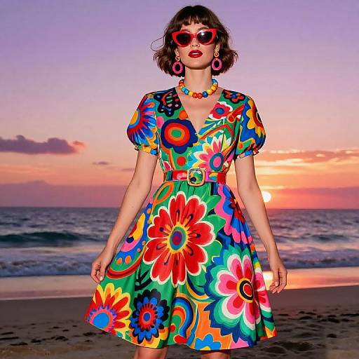 Photograph of a woman with short curly brown hair, red lipstick, and red sunglasses, wearing a vibrant, floral-patterned dress, colorful necklace,