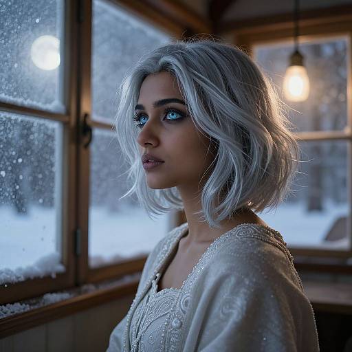 Photograph of a fair-skinned woman with platinum blonde, wavy bob hair, wearing a white, intricately patterned blouse, gazing out