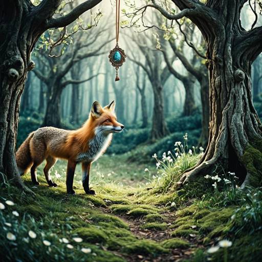 Fox Gazing at Enchanted Amulet in Forest