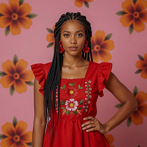 Confident Woman in Red Dress with Floral Embroidery
