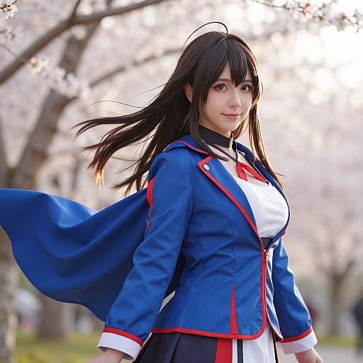 Photograph of an Asian woman cosplaying as a blue and white anime character with long black hair, standing in a cherry blossom park.