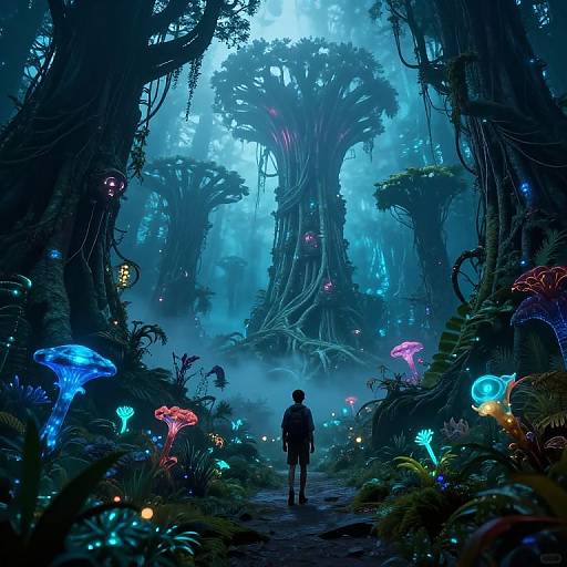 Digital art: Silhouetted figure in dark forest, surrounded by glowing blue, pink, and green bioluminescent mushrooms under misty,