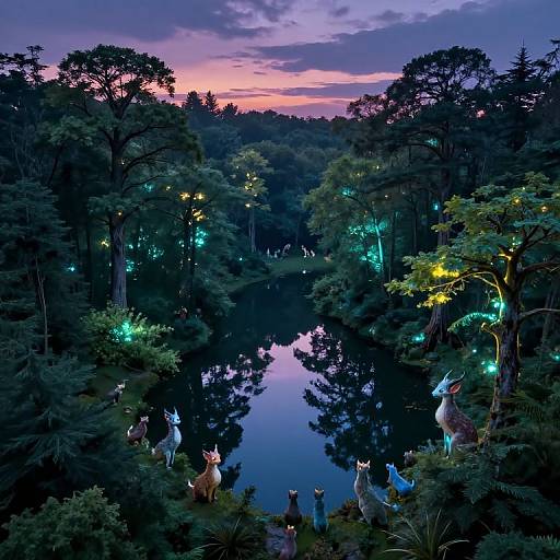 Photograph of a twilight forest with glowing fairy lights, illuminated deer and creatures, reflecting on a serene lake, under a pink and purple sky.