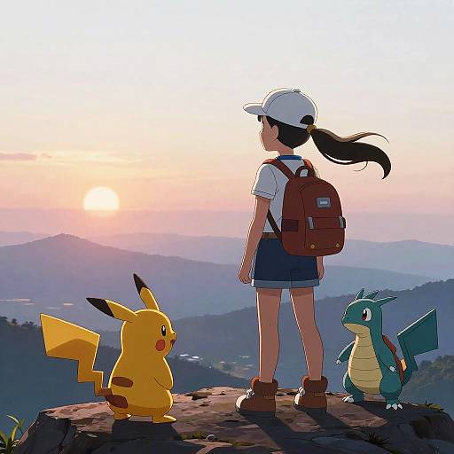 Digital anime-style illustration of a girl in white cap, white shirt, blue skirt, brown backpack, standing on mountain peak at sunset, with Pikachu and